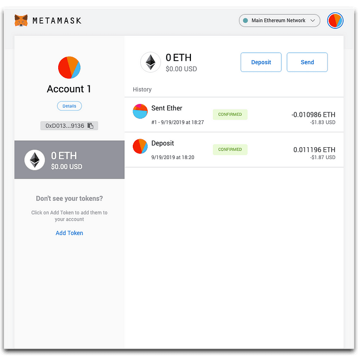 Account history shown in table view with basic transaction details